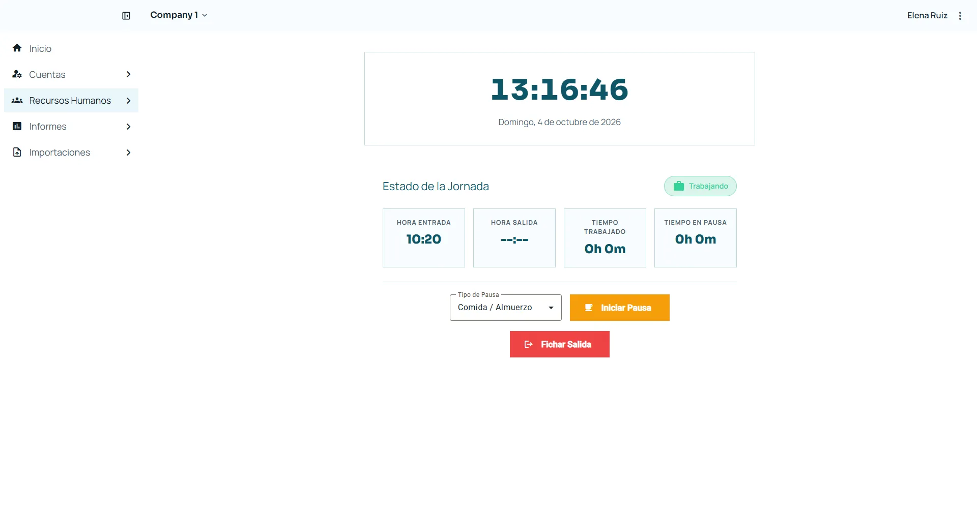 Control horario en vivo con reloj y estado de jornada